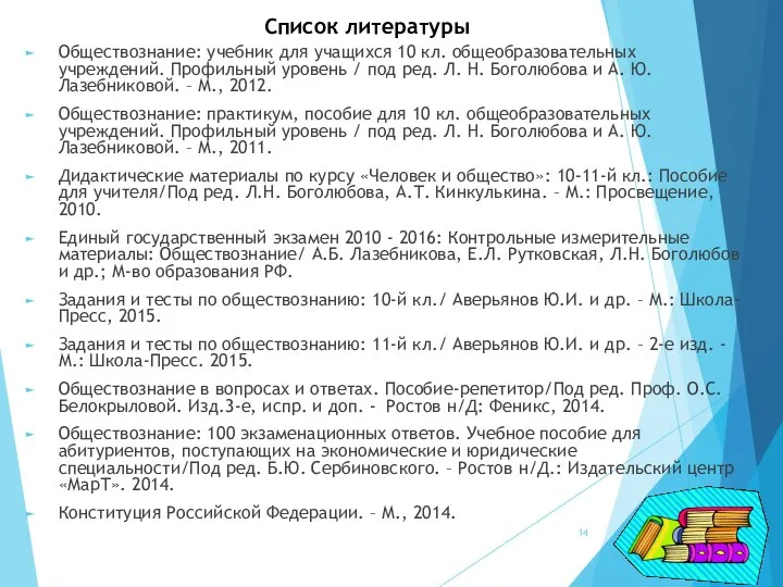 Список литературы Обществознание: учебник для учащихся 10 кл. общеобразовательных учреждений. Профильный