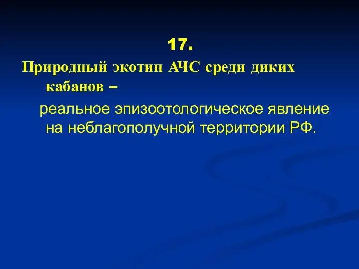 17. Природный экотип АЧС среди диких кабанов – реальное эпизоотологическое явление на неблагополучной территории РФ.