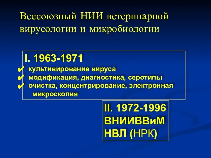 Всесоюзный НИИ ветеринарной вирусологии и микробиологии I. 1963-1971 культивирование вируса модификация,