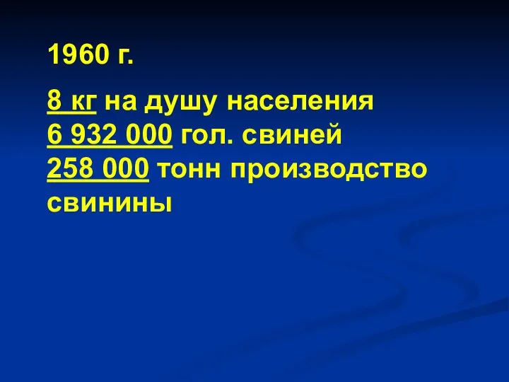 1960 г. 8 кг на душу населения 6 932 000 гол.