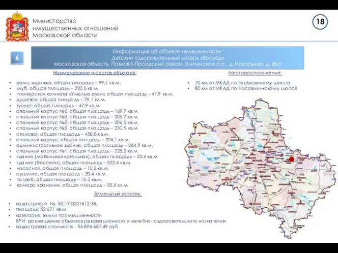 Министерство имущественных отношений Московской области Информация об объекте недвижимости: Детский оздоровительный