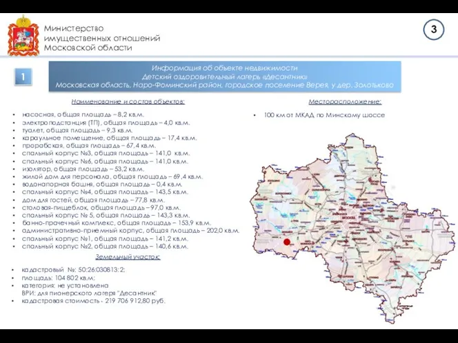 Министерство имущественных отношений Московской области Информация об объекте недвижимости Детский оздоровительный