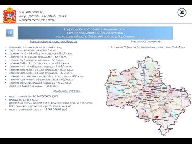 Министерство имущественных отношений Московской области Информация об объекте недвижимости: Пионерский лагерь