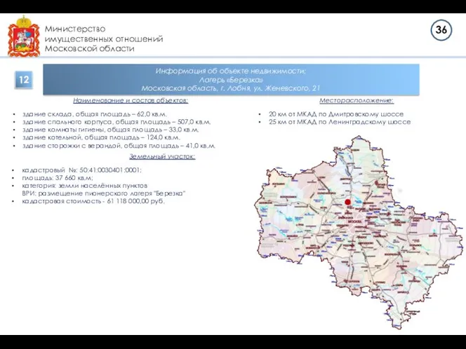 Министерство имущественных отношений Московской области Информация об объекте недвижимости: Лагерь «Березка»