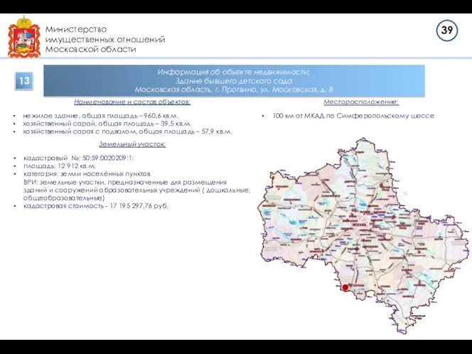 Министерство имущественных отношений Московской области Информация об объекте недвижимости: Здание бывшего