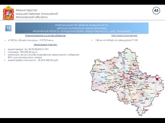 Министерство имущественных отношений Московской области Информация об объекте недвижимости: Детский пионерский