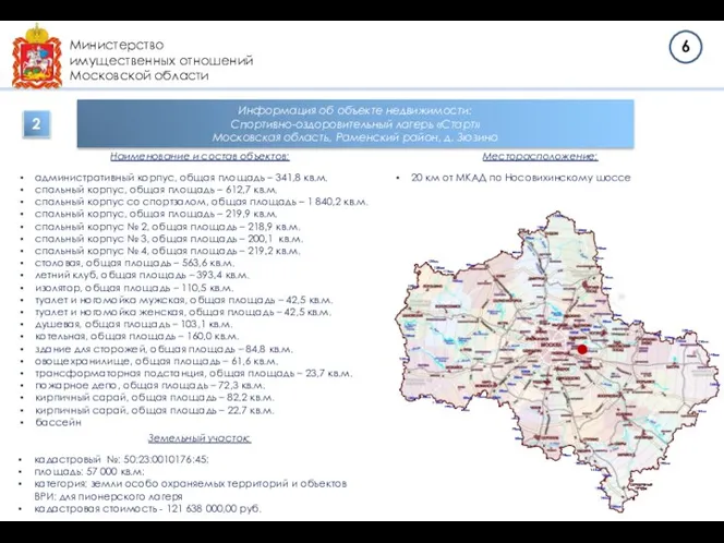 Министерство имущественных отношений Московской области Информация об объекте недвижимости: Спортивно-оздоровительный лагерь