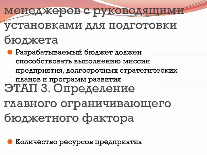 Разрабатываемый бюджет должен способствовать выполнению миссии предприятия, долгосрочных стратегических планов и