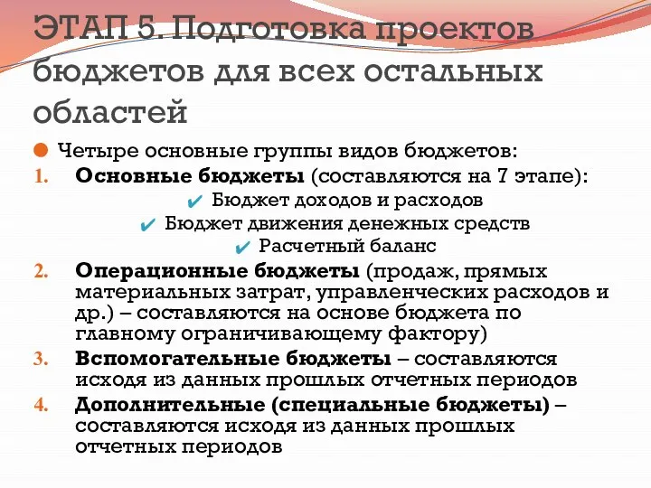 ЭТАП 5. Подготовка проектов бюджетов для всех остальных областей Четыре основные