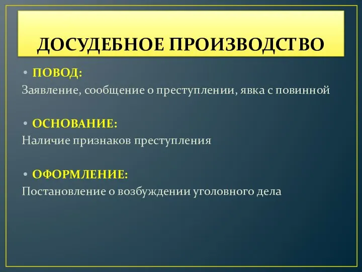 ДОСУДЕБНОЕ ПРОИЗВОДСТВО ПОВОД: Заявление, сообщение о преступлении, явка с повинной ОСНОВАНИЕ: