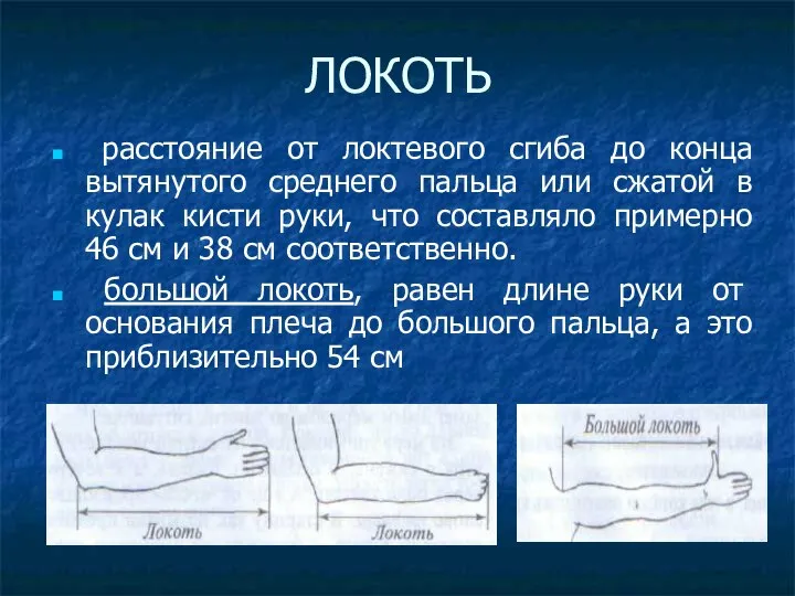 ЛОКОТЬ расстояние от локтевого сгиба до конца вытянутого среднего пальца или