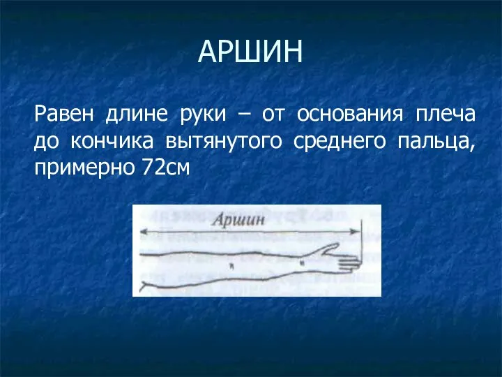 АРШИН Равен длине руки – от основания плеча до кончика вытянутого среднего пальца, примерно 72см