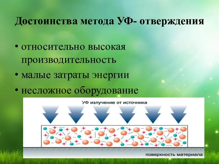 Достоинства метода УФ- отверждения относительно высокая производительность малые затраты энергии несложное оборудование