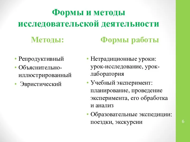 Формы и методы исследовательской деятельности Методы: Репродуктивный Объяснительно-иллюстрированный Эвристический : Формы