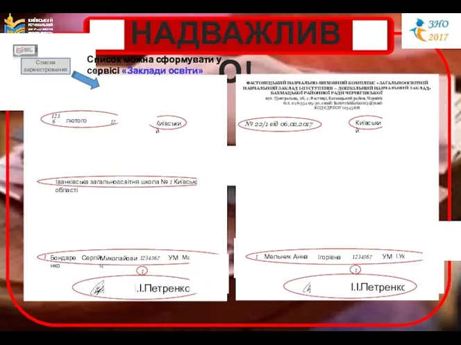 НАДВАЖЛИВО! І.І.Петренко Бондаренко Сергій Миколайович 1234567 1 УМ Матем Англ.м. Іванківська