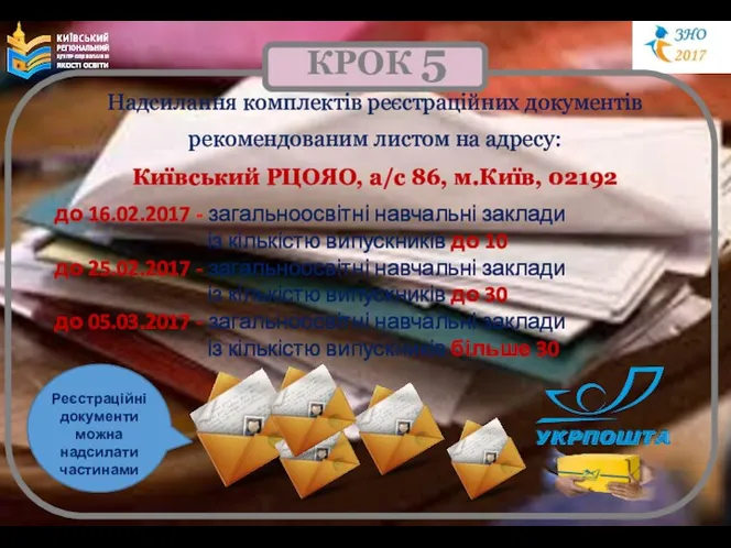 КРОК 5 Надсилання комплектів реєстраційних документів рекомендованим листом на адресу: Київський