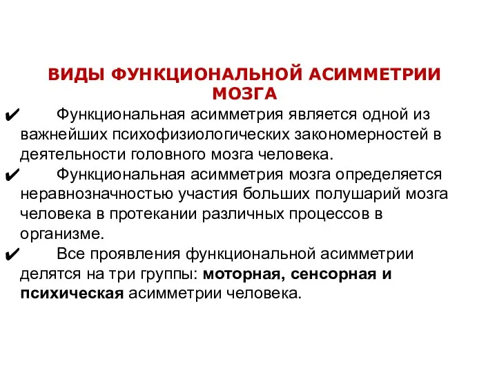 ВИДЫ ФУНКЦИОНАЛЬНОЙ АСИММЕТРИИ МОЗГА Функциональная асимметрия является одной из важнейших психофизиологических