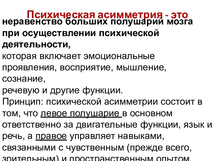 Психическая асимметрия - это неравенство больших полушарий мозга при осуществлении психической