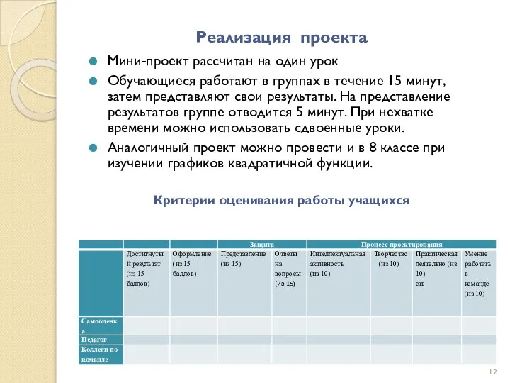 Реализация проекта Мини-проект рассчитан на один урок Обучающиеся работают в группах