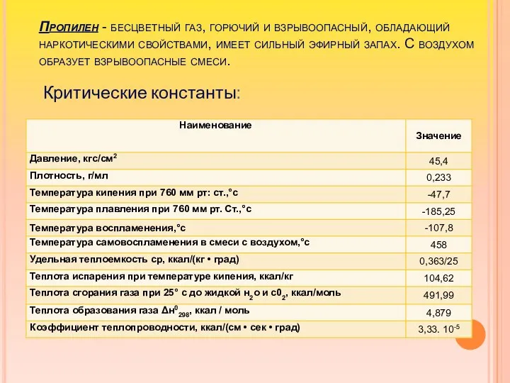 Пропилен - бесцветный газ, горючий и взрывоопасный, обладающий наркотическими свойствами, имеет