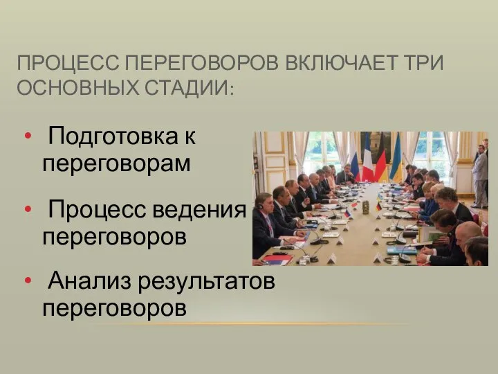 ПРОЦЕСС ПЕРЕГОВОРОВ ВКЛЮЧАЕТ ТРИ ОСНОВНЫХ СТАДИИ: Подготовка к переговорам Процесс ведения переговоров Анализ результатов переговоров