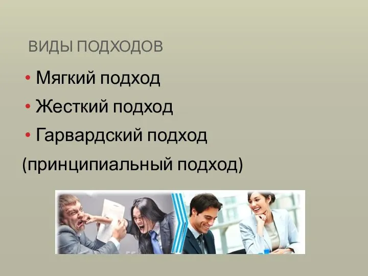 ВИДЫ ПОДХОДОВ Мягкий подход Жесткий подход Гарвардский подход (принципиальный подход)