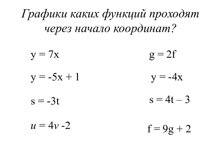Графики каких функций проходят через начало координат? у = 7х y