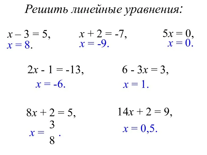 Решить линейные уравнения: х – 3 = 5, х = 8.