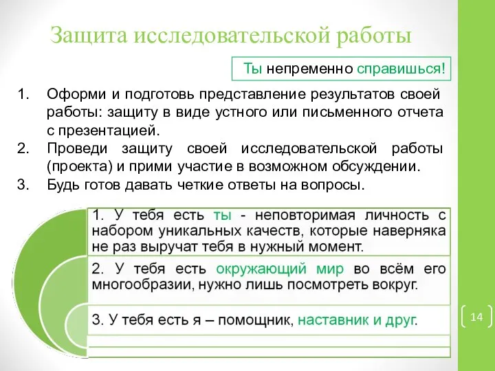 Защита исследовательской работы Ты непременно справишься! Оформи и подготовь представление результатов