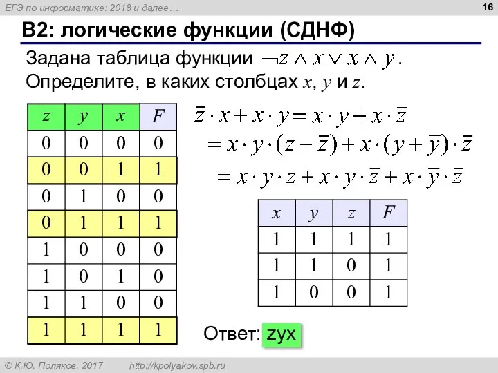 B2: логические функции (СДНФ) Задана таблица функции . Определите, в каких