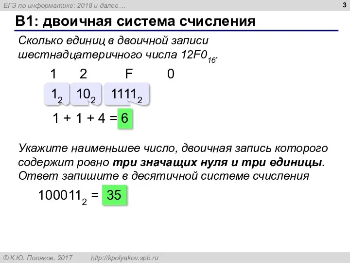 B1: двоичная система счисления Сколько единиц в двоичной записи шестнадцатеричного числа