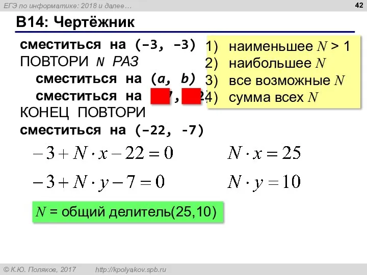 B14: Чертёжник сместиться на (–3, –3) ПОВТОРИ N РАЗ сместиться на