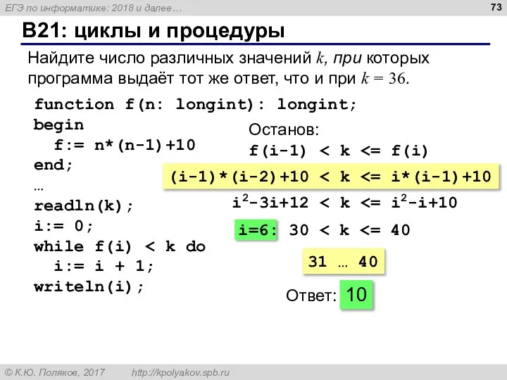 B21: циклы и процедуры Найдите число различных значений k, при которых