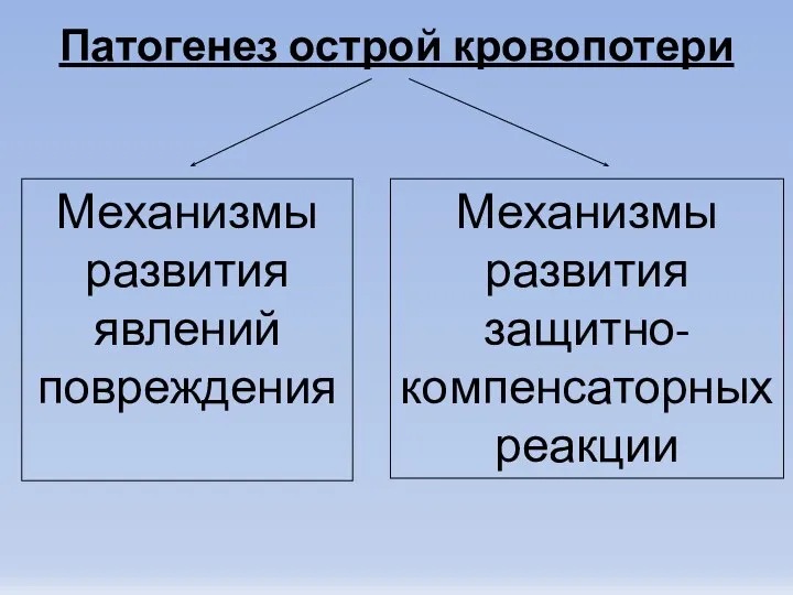 Патогенез острой кровопотери Механизмы развития явлений повреждения Механизмы развития защитно-компенсаторных реакции