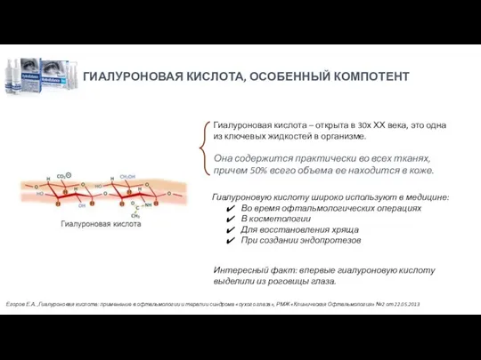 ГИАЛУРОНОВАЯ КИСЛОТА, ОСОБЕННЫЙ КОМПОТЕНТ Гиалуроновая кислота – открыта в 30х ХХ