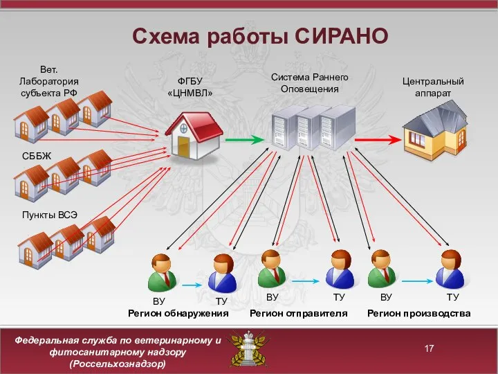 Схема работы СИРАНО Вет. Лаборатория субъекта РФ СББЖ Пункты ВСЭ Регион