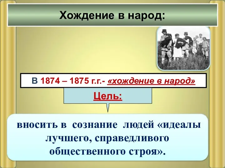 В 1874 – 1875 г.г.- «хождение в народ» вносить в сознание