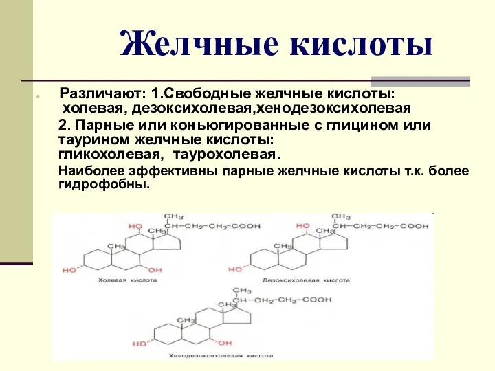 Желчные кислоты Различают: 1.Свободные желчные кислоты: холевая, дезоксихолевая,хенодезоксихолевая 2. Парные или