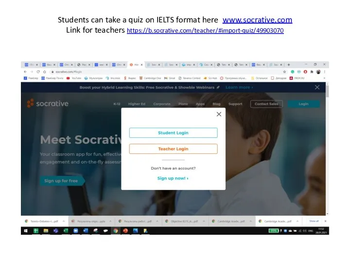 Students can take a quiz on IELTS format here www.socrative.com Link for teachers https://b.socrative.com/teacher/#import-quiz/49903070