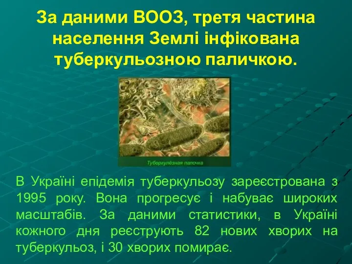 За даними ВООЗ, третя частина населення Землі інфікована туберкульозною паличкою. В