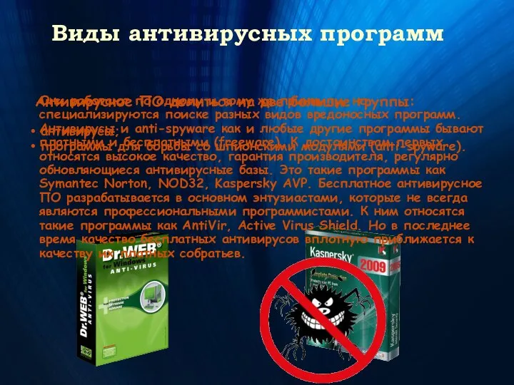 Виды антивирусных программ Антивирусное ПО делиться на две большие группы: антивирусы;