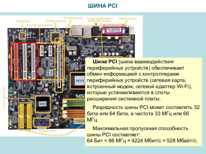 ШИНА PCI Шина PCI (шина взаимодействия периферийных устройств) обеспечивает обмен информацией