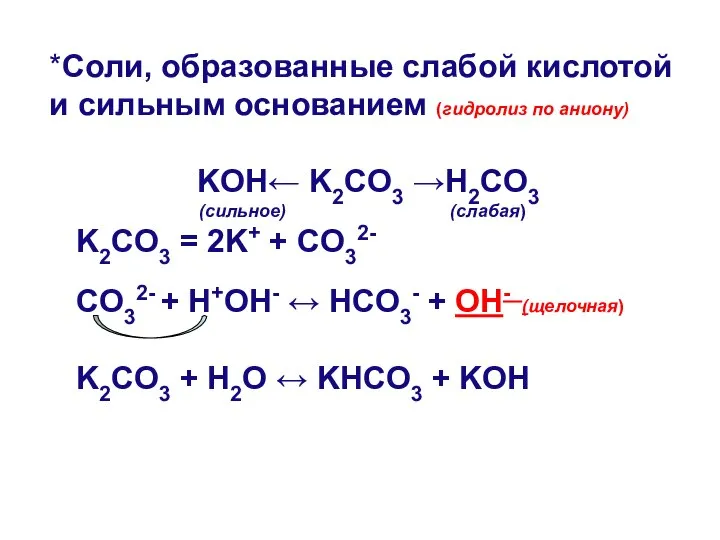 *Соли, образованные слабой кислотой и сильным основанием (гидролиз по аниону) KOH←