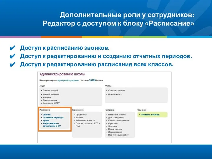 Дополнительные роли у сотрудников: Редактор с доступом к блоку «Расписание» Доступ