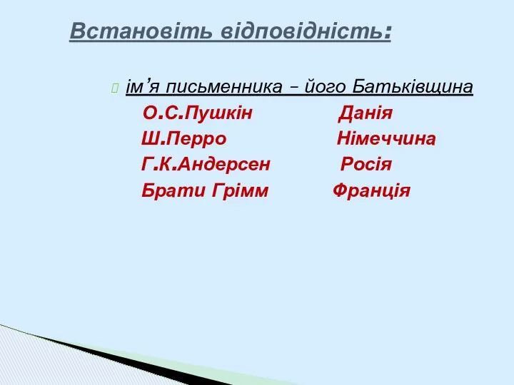 Встановіть відповідність: ім’я письменника – його Батьківщина О.С.Пушкін Данія Ш.Перро Німеччина Г.К.Андерсен Росія Брати Грімм Франція