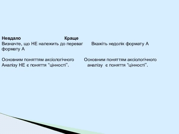 Невдало Краще Визначте, що НЕ належить до переваг Вкажіть недолік формату