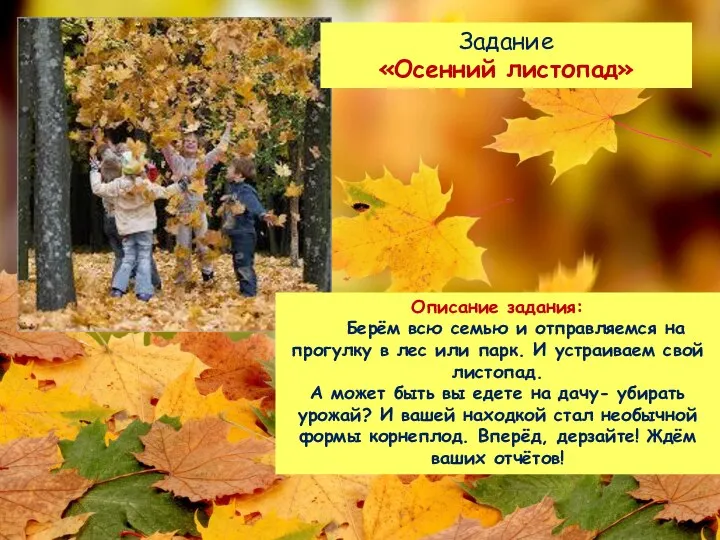 Задание «Осенний листопад» Описание задания: Берём всю семью и отправляемся на