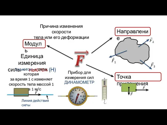 Причина изменения скорости тела или его деформации Модуль Направление Точка приложения