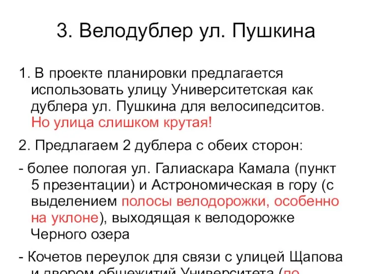 3. Велодублер ул. Пушкина 1. В проекте планировки предлагается использовать улицу