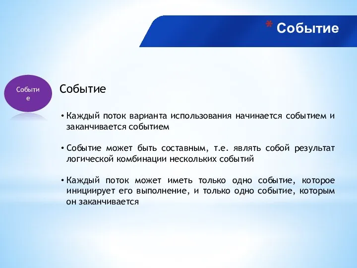 Событие Событие Каждый поток варианта использования начинается событием и заканчивается событием